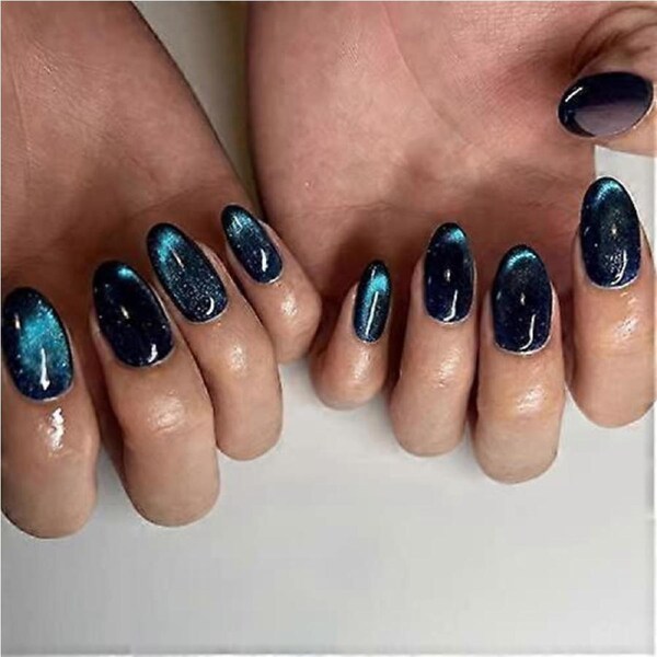 Sparkly Blue Press on Nails Cat Eye Design Medium Acrylic Fake Nails for Women 24pcs Reusable Kit