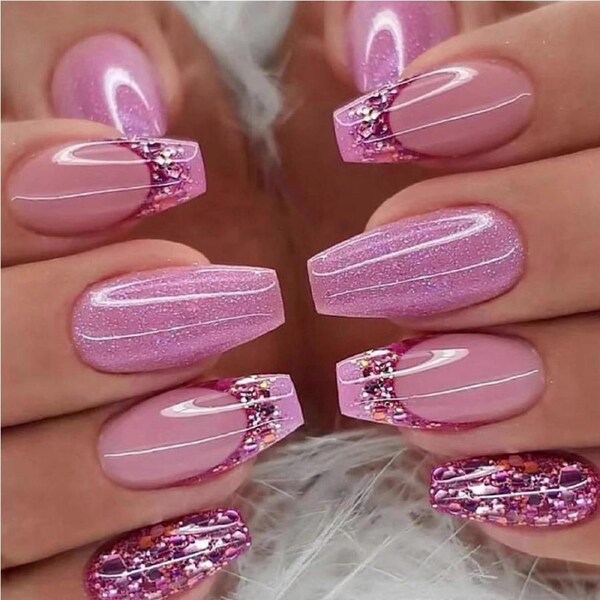 French Tip Press on Nails Set Pink Purple Glitter Short GlueOn False Nails 12 Sizes