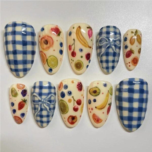 Medium Almond Press On Nails Blue Bow and Fruit Print Fake Nails 24Pcs Gloss Finish Ready to Wear
