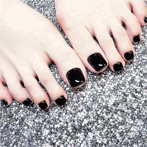 Glossy Black Square Press On Toenails Set, Full Cover Acrylic Fake Toenails, 24pcs for Women