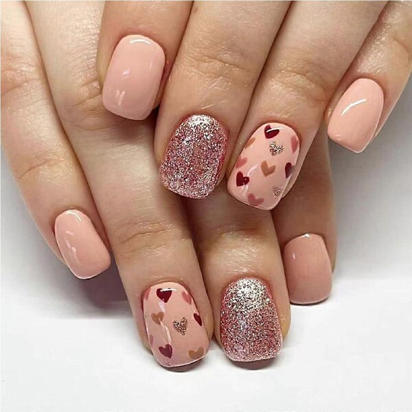Short Square Pink Glitter Heart Press On Nails Set for Valentines Day, Reusable Fake Nails