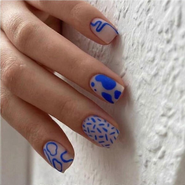 Short Blue Press On Nails with Glue, Matte Cow Print Square Shape, 24pcs SalonQuality Set