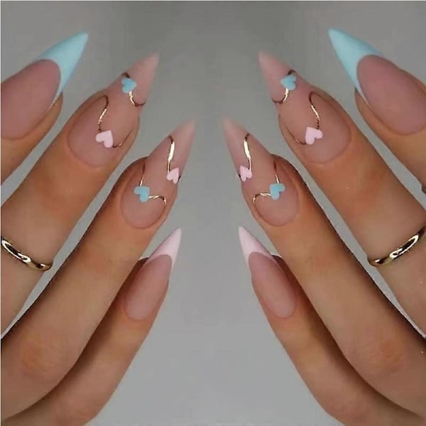 24pcs Blue French Tip Press On Nails Set with Reusable Adhesive Tabs and Gel Finish in Storage Box