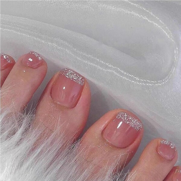 Pink Glitter Short Square French Tip Press On Toenails Set 24pcs Reusable Acrylic Full Cover