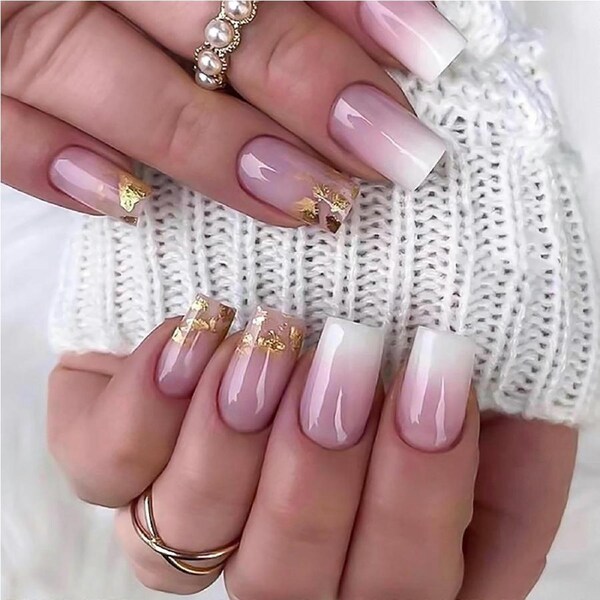 Square French Tip Press on Nails Gold Glitter Pink Medium Fake Nails Glossy Acrylic Full Cover 24Pcs