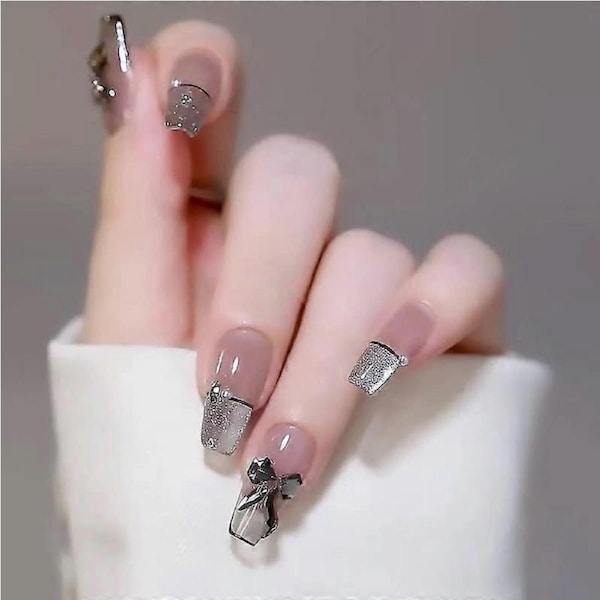 24pcs Black Nude Coffin Press on Nails with 3D Bowknot, Reusable Gel False Nails for Women