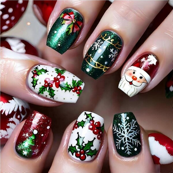 24Pcs Christmas Press on Nails Short Square Green Glitter Fake Nails Santa Snowflake Design
