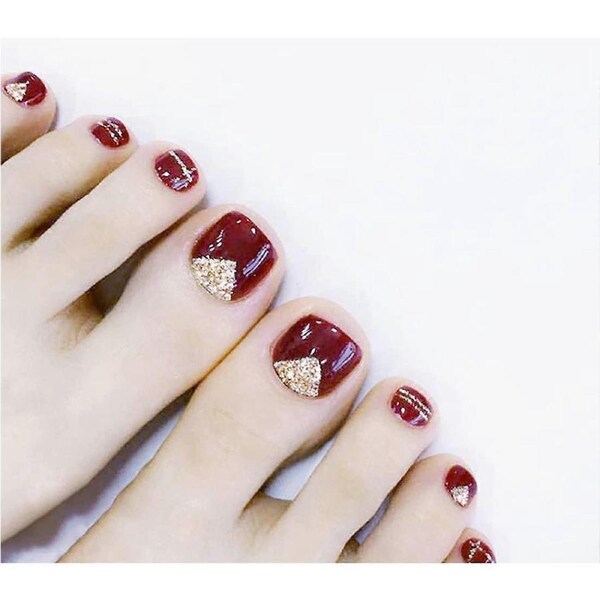 Short Glitter False Toenails Set with Metallic Finish, Full Cover Fake Toenail Tips for Women 24Pcs