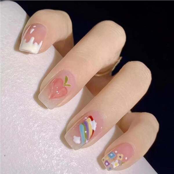 Pink Gradient French Tip Press On Nails Short Square Soft Gel Fake Nails with 3D Peach Charms 24pcs