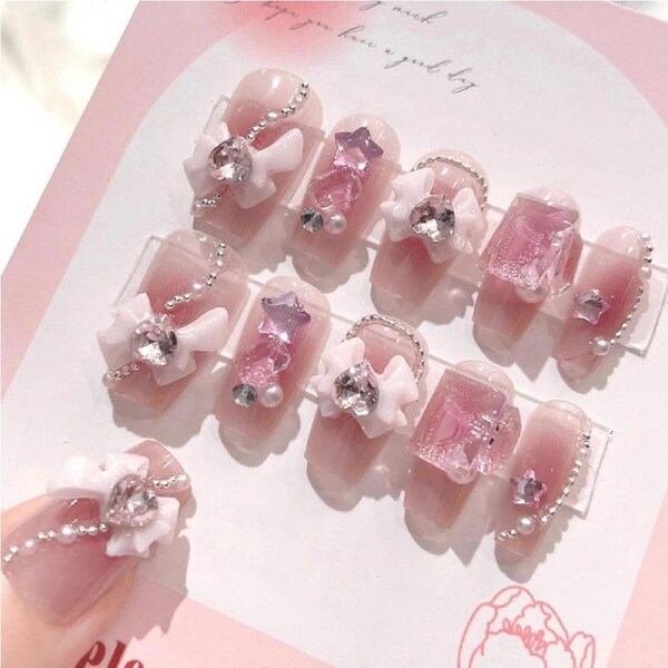 Press On Nails Coffin Shape Pink Pearl with 3D Bow Rhinestones Glossy Reusable Set 24 Pcs
