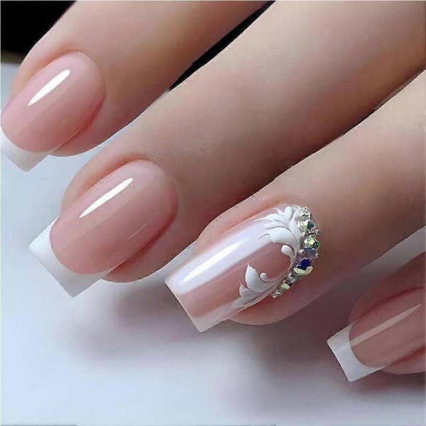 Press On Nails Short Square French Tip Pink Fake Nails with Flower Rhinestones 24pcs Acrylic Set