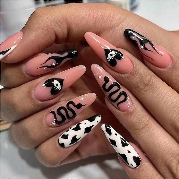 24Pcs Medium Pointed Press on Nails Black French Tip Cow Print Nude Acrylic Full Cover Fake Nails