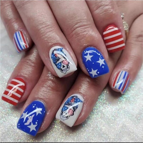 Press On Nails Short Square Patriotic Design for Fourth of July with Glue Red Blue 24Pcs