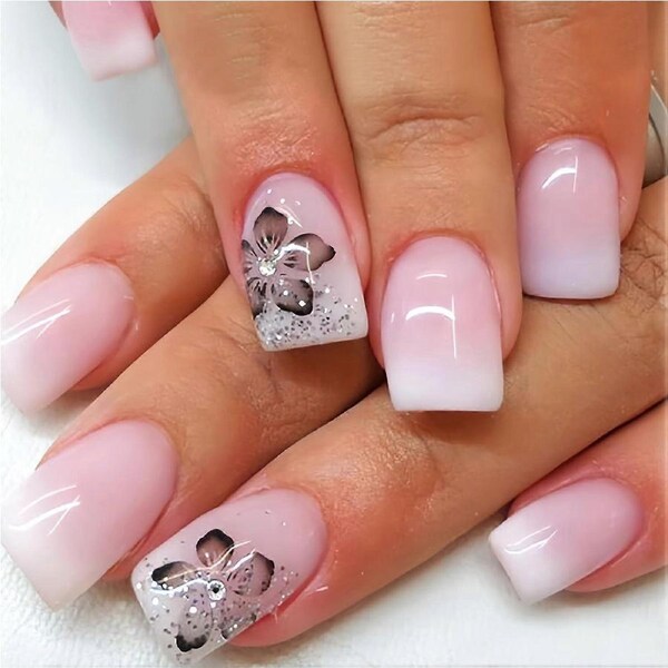 Medium Square Pink Gradient Press On Nails with Glue, Glossy Soft Gel Fake Nails Set for Women