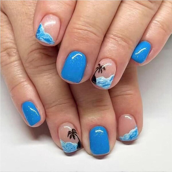 24pcs Summer Press On Nails Short Square Blue Fake Nails Set with Coconut Tree Design and Jelly Adhesive