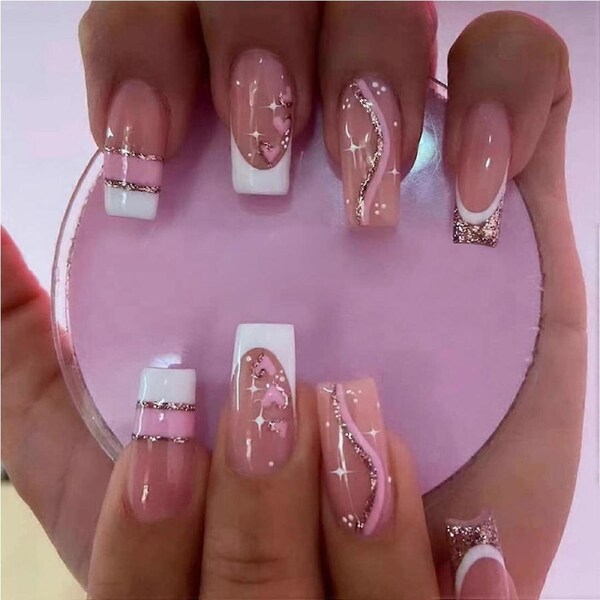White French Tip Coffin Press On Nails with Shimmery Heart Design, Reusable Acrylic Set 24pcs