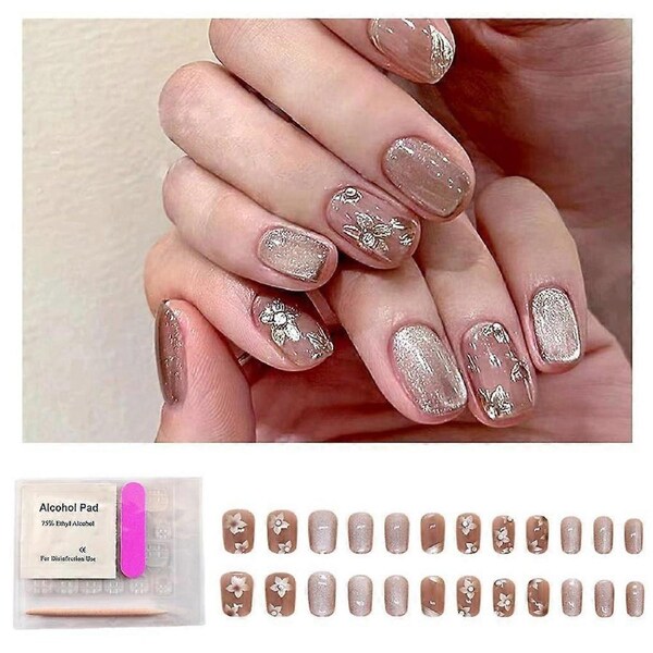 Reusable Press On Nails Kit Short Round Acrylic Fake Nails with Rhinestones 24 Pieces for Women