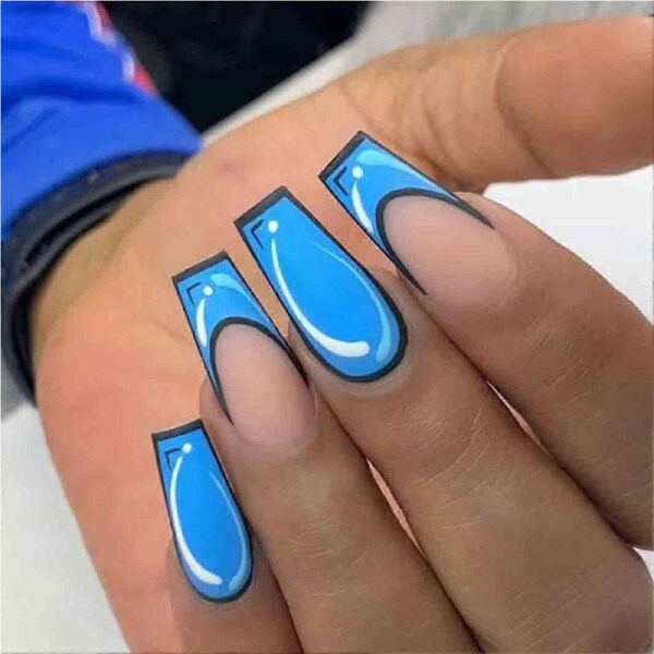Press On Nails Set Long Coffin Acrylic Blue Matte Fake Nails with French Tips for Women 24pcs
