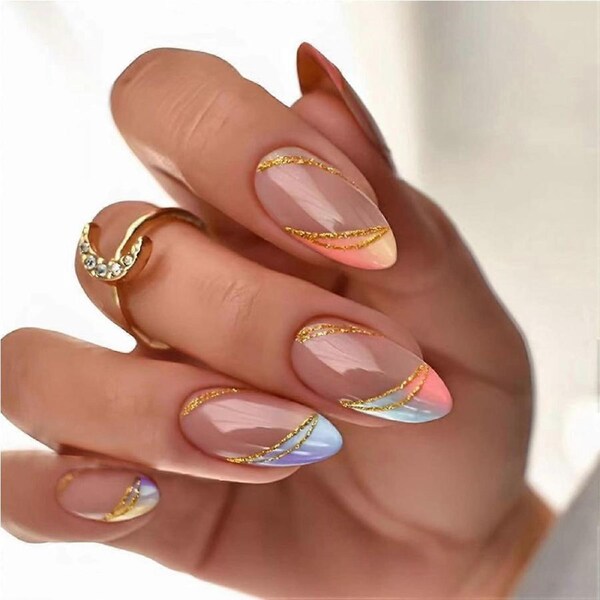 24Pcs Almond Press On Nails with Colorful Glitter French Tips, Medium Fake Acrylic Nails Set