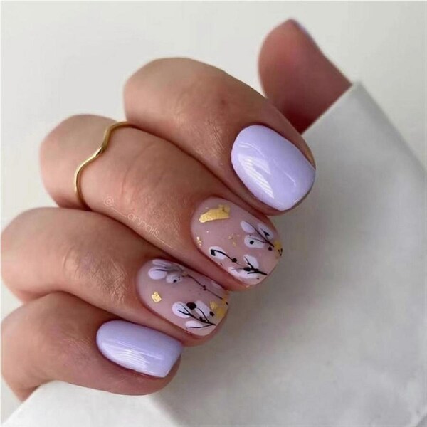 Short Square Press On Nails Pink and Purple with Gold Foil Floral Tree Design Easy StickOn