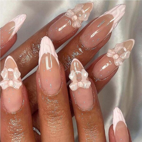 French Tip Press On Nails with Flowers 3D Bow Medium Almond Pink Fake Nails Kit 24pcs Reusable