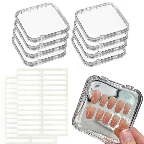 Press On Nail Storage Box Set with 52 Adhesive Tapes, Clear Fake Nail Organizer for Salon Display