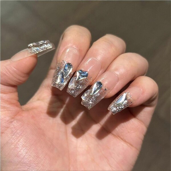 10PCS Coffin Nude Press On Nails with Diamonds and Silver Shimmer Glow False Nails with Adhesive