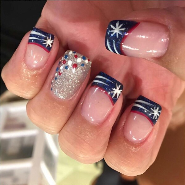 Independence Day Press On Nails Short Square French Tip Fake Nails with Glitter Star Pattern
