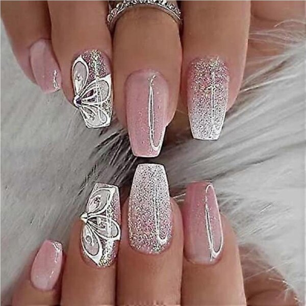 Medium Coffin Press on Nails Set Gradient Pink Glossy Nude with Butterfly Rhinestones 24pcs Reusable