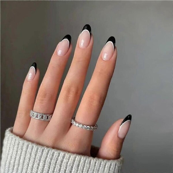 24PCS Black Edge Almond Press On Nails Set, Elegant Full Cover French Acrylic False Nails Kit