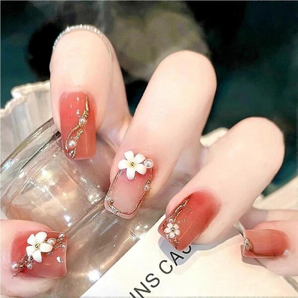 Press On Nails 3D Floral with Pearls Pink Coffin Gold Line Medium Square Acrylic False Nails 24Pcs