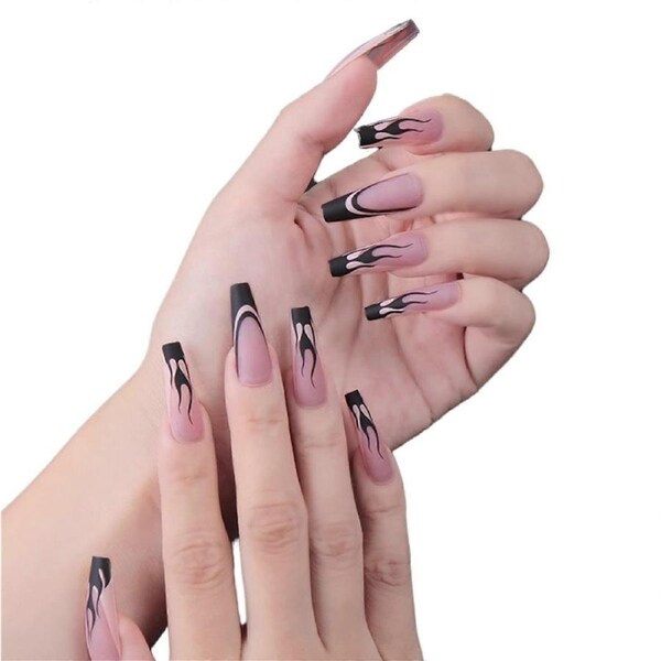 Long Coffin Press On Nails with Glue Halloween Flame Design Full Cover 24pcs Reusable Nail Set