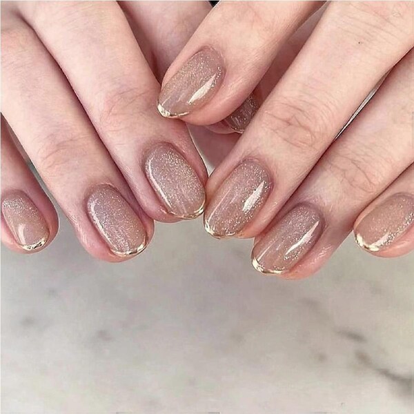 Glitter French Tip Press on Nails Short Oval Brown with Gold Glitter, Fake Nails Set 24Pcs