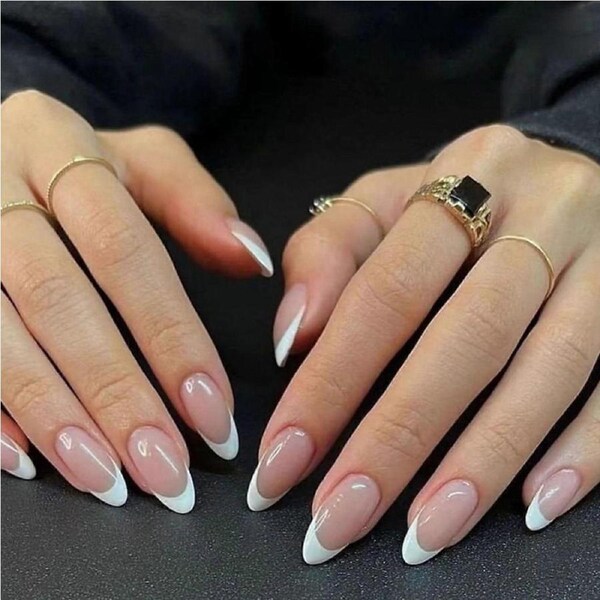 24pcs Reusable Press On Nails White French Almond False Nail Tips with Designs Full Cover
