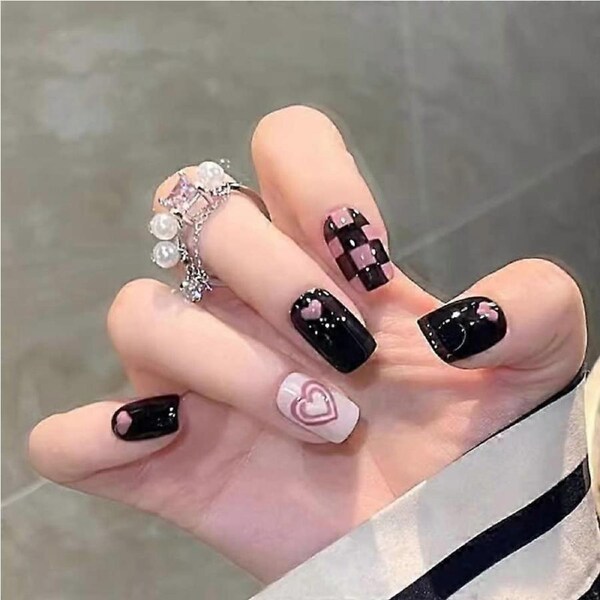 Black and Pink Checkerboard Press On Nails Set, Short Reusable Fake Nails 24pcs 12 Sizes