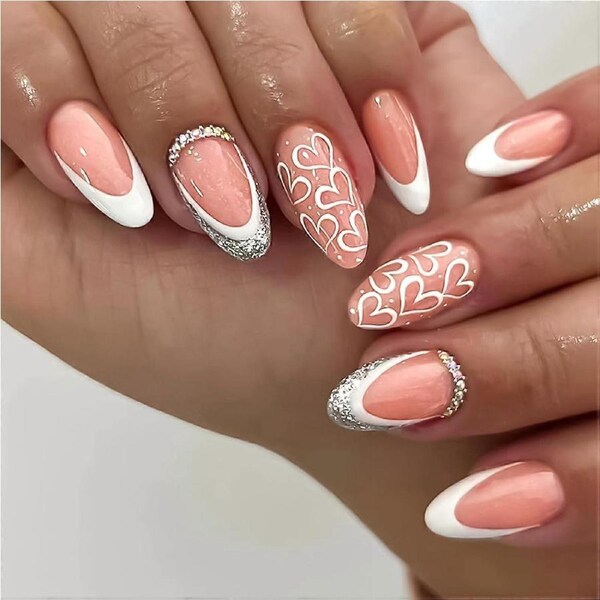 24Pcs Almond Press on Nails with Rhinestones French Tip Glitter Medium False Nail Set for Women