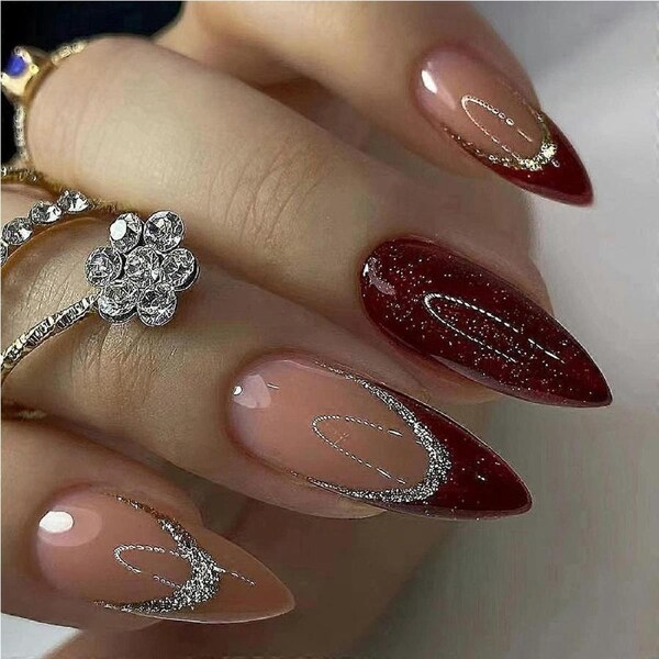 Red Glitter Press on Nails Almond Shape Fake Nails for Women Medium Length Acrylic Nail Kit