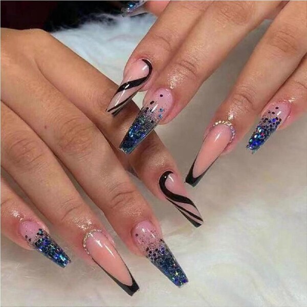 24pcs Long Press On Nails with Glue, Reusable Fake Nails with Rhinestones, SalonQuality Full Cover Set