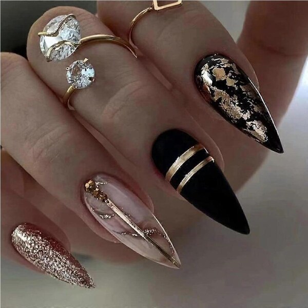 24pcs Long Almond French Press On Nails Frosted Blue with Crystal Flowers Detachable Tips Ref: 8806