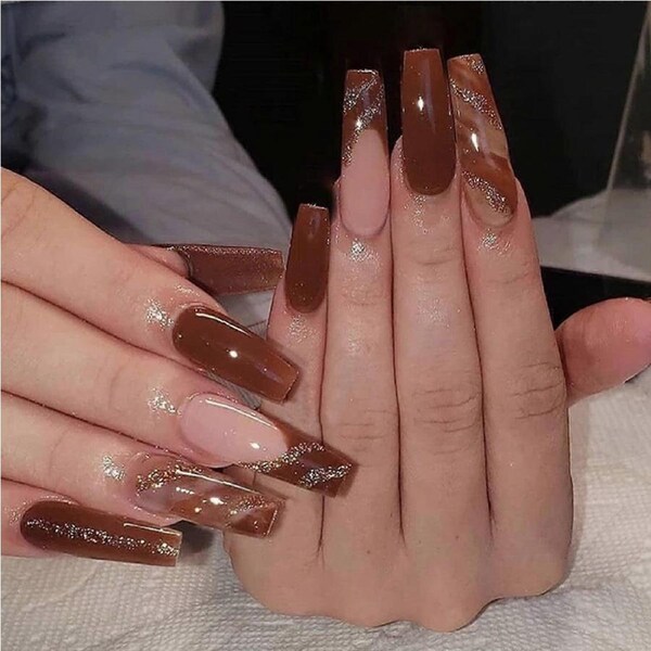 French Coffin Press On Nails with Flower Design, 24 Pcs Reusable Ballerina False Nail Tips