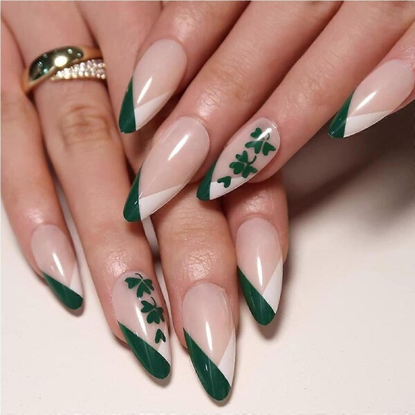 St. Patrick's Day Press On Nails Green Clover Almond Shape Medium French False Nail Kit for Women