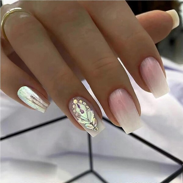 Ombre Pink Press On Nails Medium Square with Rhinestones Reusable Soft Gel Glue On Nail Tips