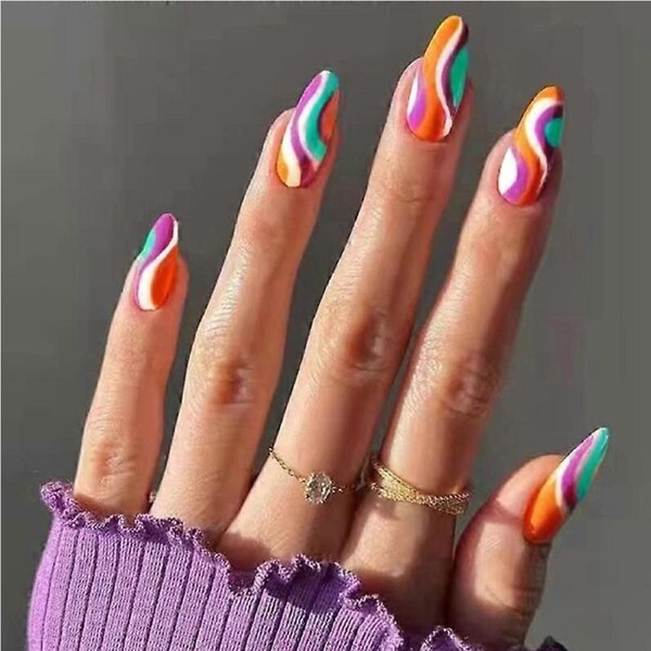 Press On Nails with Glue Tabs 24pc Glossy White Aqua Pink Orange Set DIY False Nail Extensions