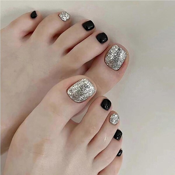 Press on Toenails Black and Silver Glitter Reusable Acrylic Fake Toe Nails with Glue French Style 24PCS