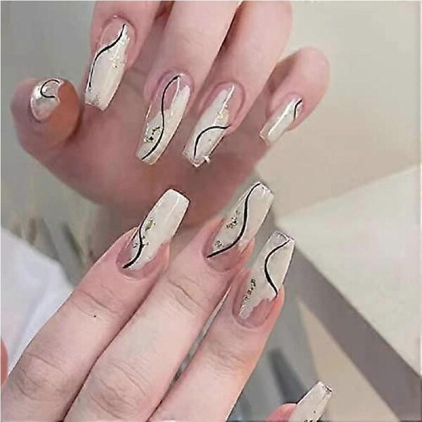24pcs Long Glitter Press on Nails with Glue, Gold French Tip Acrylic Fake Nails Set, Round Shape