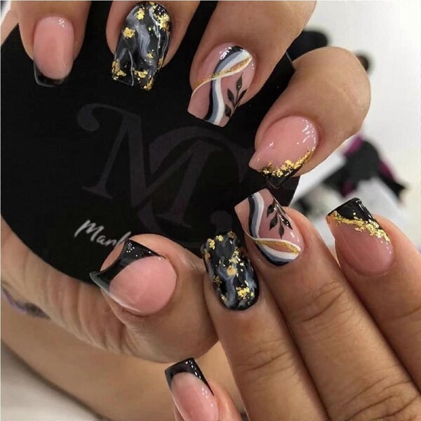 Black Gold White Medium Square Press On Nails French Tip Reusable False Nails with Foil Design 24Pcs