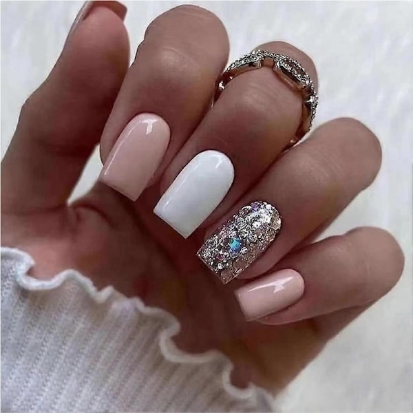 24Pcs Square Press on Nails Short Length Pink Glitter Fake Nails for Women Reusable Acrylic Set
