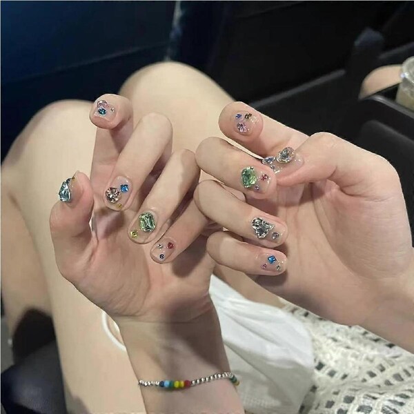 Elegant Acrylic Press on Nails Set with Colorful Stones, Handmade Wedding False Nails Medium