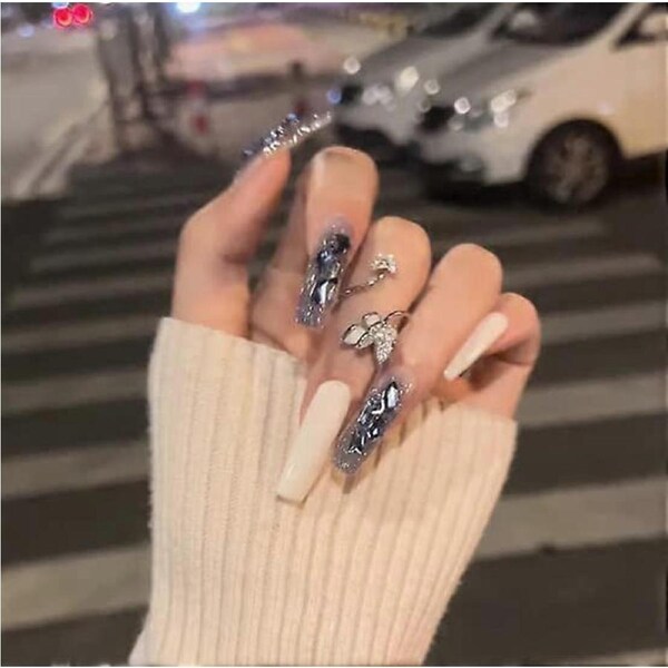 Press on Nails Long Coffin Blue Glitter Acrylic False Nails 24pcs Set with Glue and File