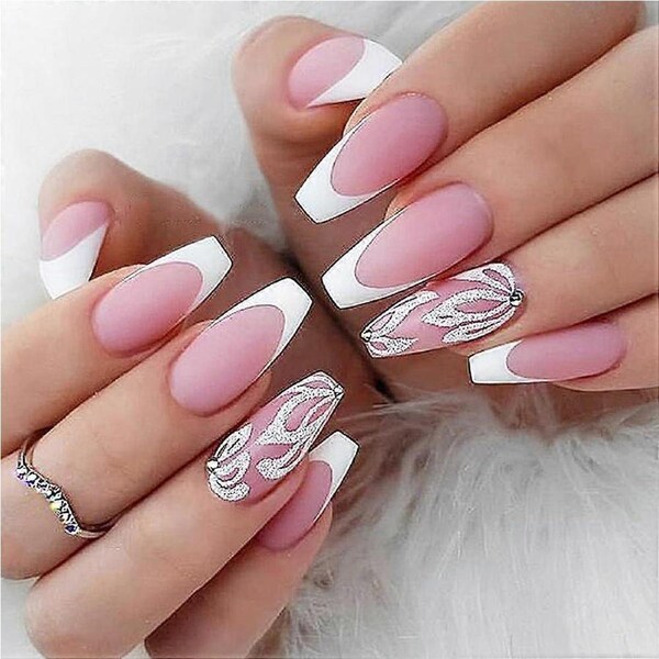 24Pcs Medium Coffin Press On Nails Pink Matte with Glitter Flowers and Pearl Accents with Glue